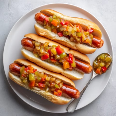 Two hot dogs with peppers and onions on a plate.