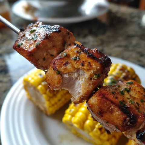 A skewer of meat and corn on a plate.