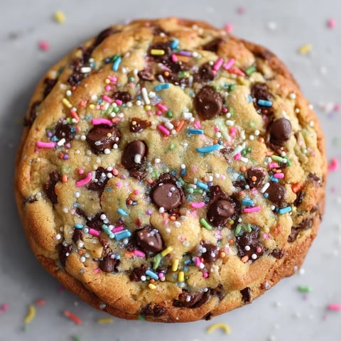 A chocolate chip cookie with sprinkles on top.