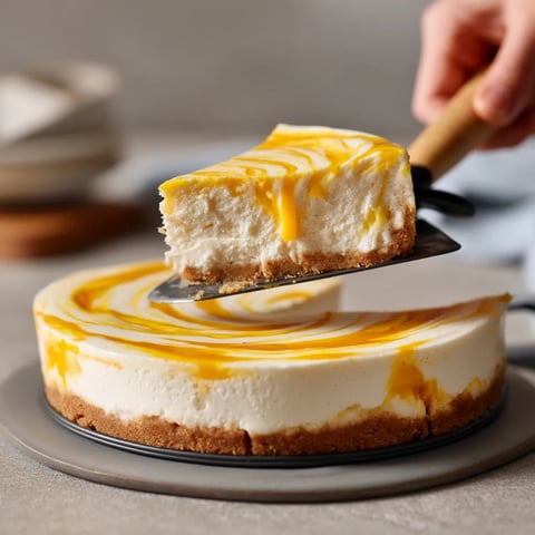 A slice of cheesecake with a wooden spatula.