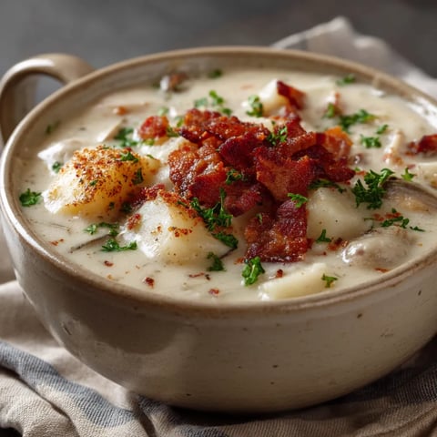 A bowl of soup with bacon and potatoes.