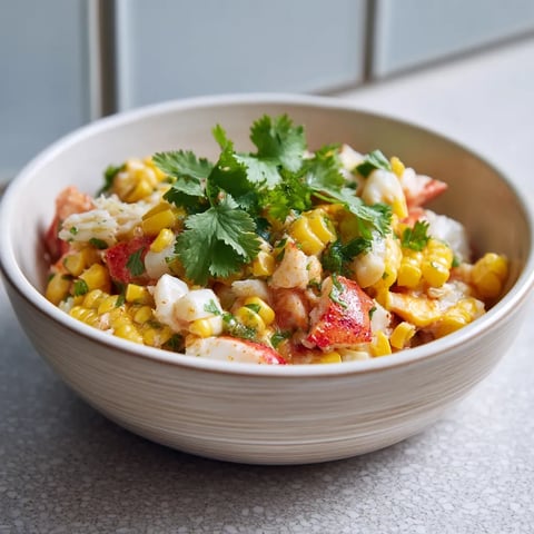 A bowl of food with corn and crab meat.