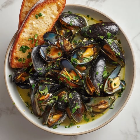 A bowl of mussels with a slice of bread.
