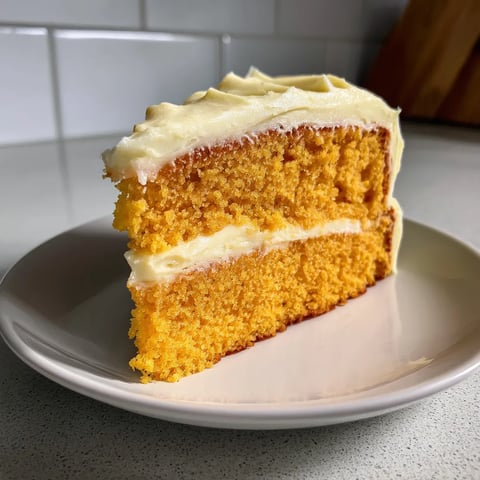 A slice of orange cake on a plate.