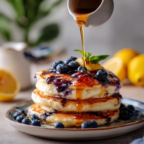 A stack of pancakes with blueberries and syrup.