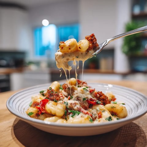 A plate of gnocchi with chorizo and creamy harissa sauce.