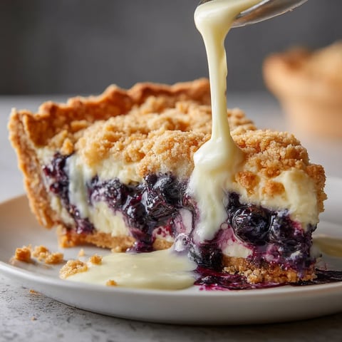 A slice of blueberry pie with a dollop of whipped cream on top.