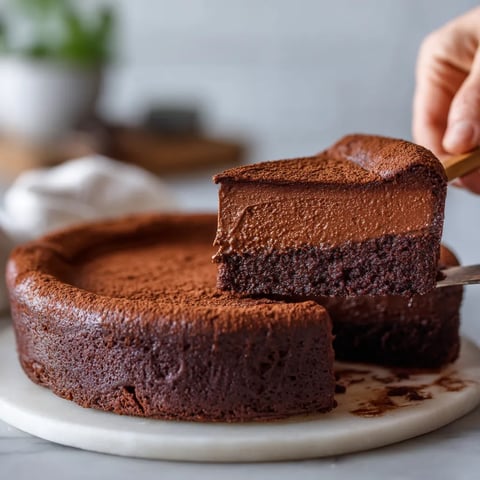 A person is cutting a chocolate cake.