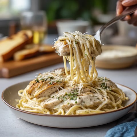 A plate of Italian chicken pasta in creamy white wine Parmesan cheese sauce.