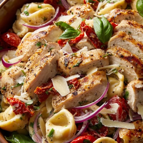 A bowl of pasta with chicken and vegetables.