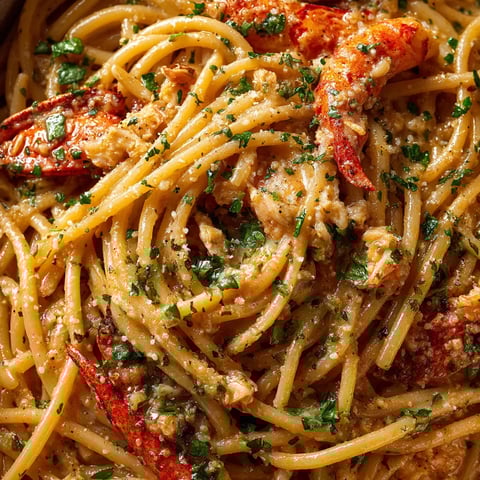 A bowl of pasta with shrimp and herbs.
