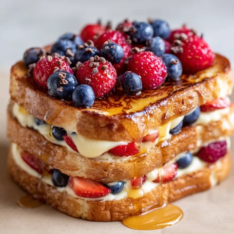 A stack of yogurt toast with blueberries and strawberries on top.