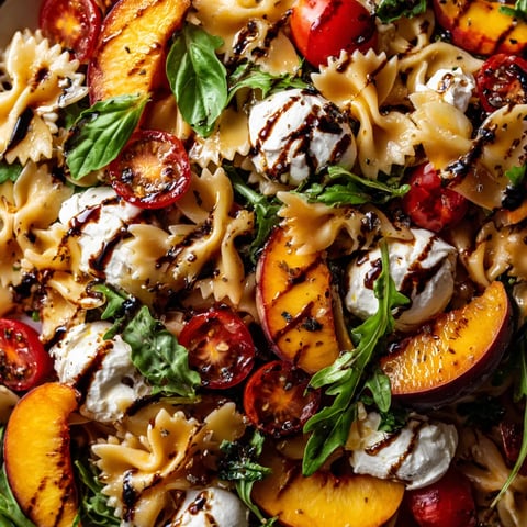 A bowl of pasta salad with peaches, basil, and balsamic drizzle.