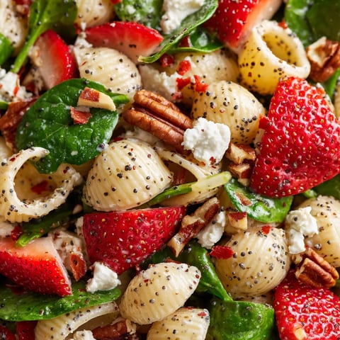 A bowl of pasta salad with strawberries and poppy seeds.