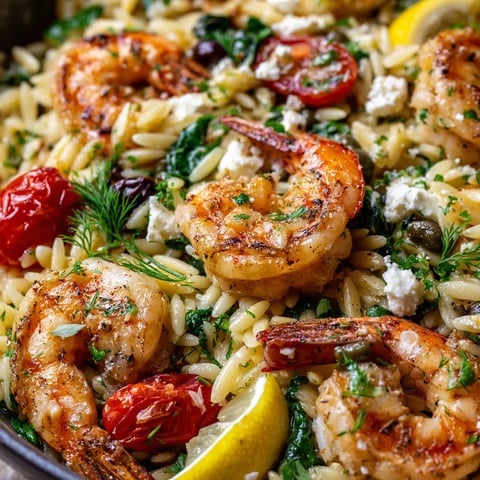 A dish of pasta with shrimp and lemon feta.