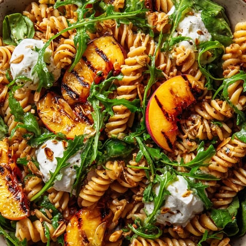 A bowl of pasta salad with grilled peaches and burrata cheese.