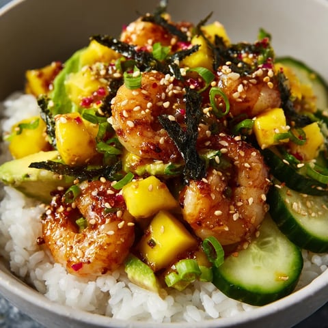 A bowl of shrimp and rice with mango salsa.