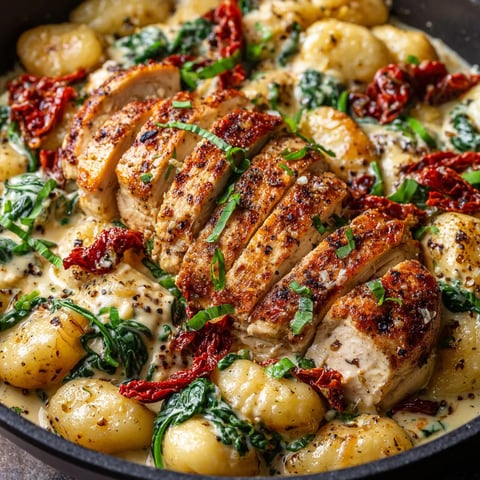 A delicious meal of chicken and gnocchi in a skillet.