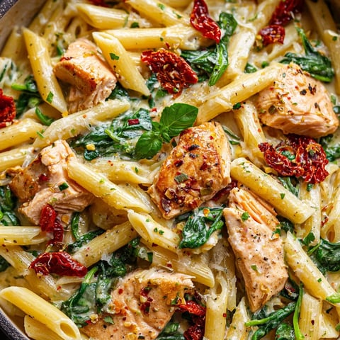 A dish of pasta with chicken and vegetables.