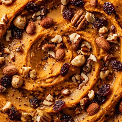A sweet potato breakfast bowl with nuts and raisins.