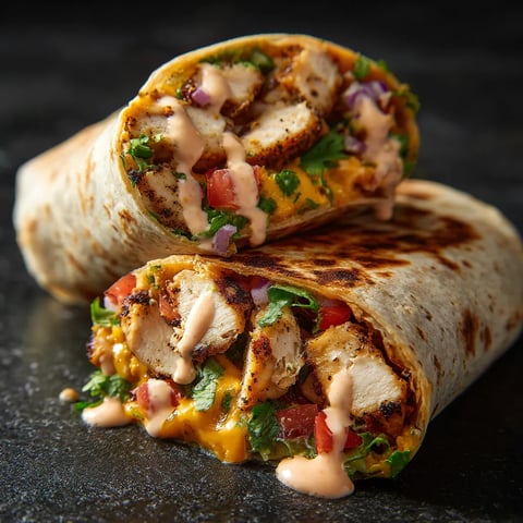 A chicken burrito with sauce.