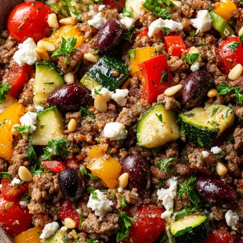 A colorful mediterranean ground beef stir-fry.