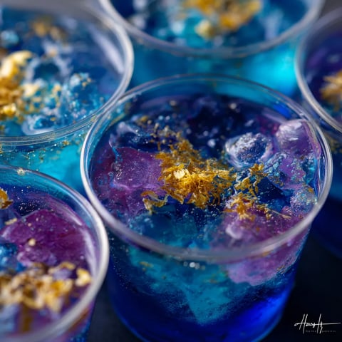 Blue drinks with gold flakes in them.