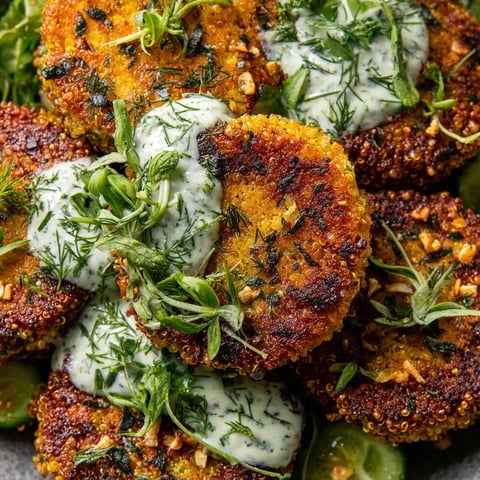 Fried quinoa cakes with herbed crunch and pickle ranch sauce.