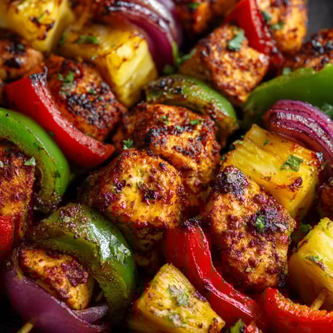 Grilled chicken skewers with pineapple and peppers.