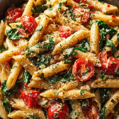 A close up of a delicious one-pot creamy tomato basil pasta.