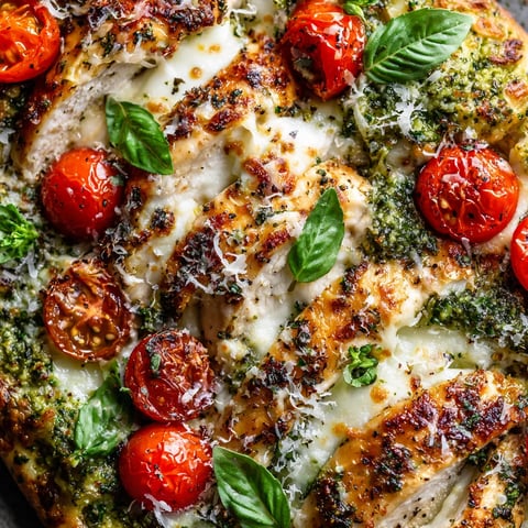 A grilled pesto chicken flatbread with tomatoes and basil.