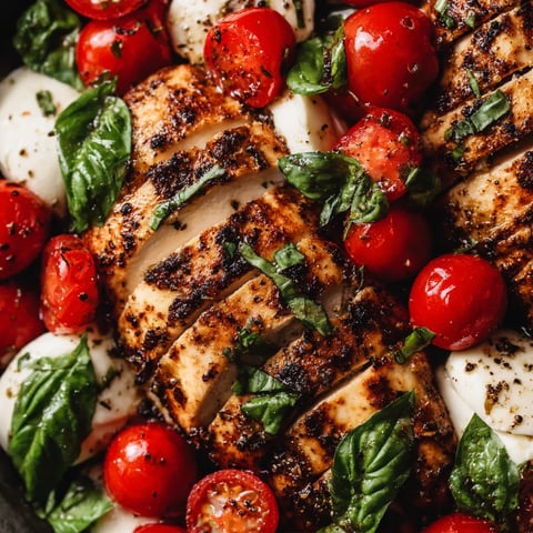 Caprese grilled chicken with tomatoes and basil.
