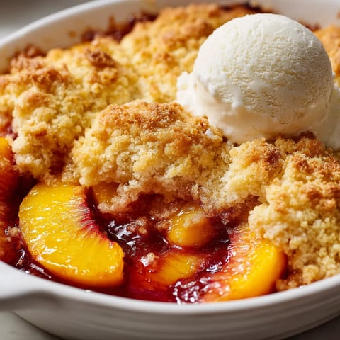 A bowl of peach cobbler with a scoop of ice cream on top.