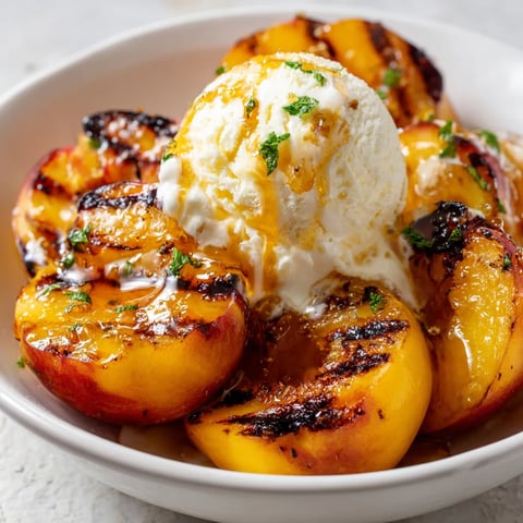 A bowl of grilled peaches with honey and vanilla ice cream.