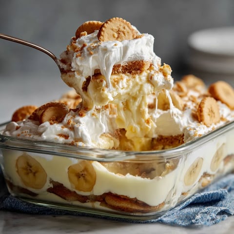A close up of a banana pudding with a spoon in it.
