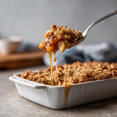 A spoon is in a bowl of crumble.