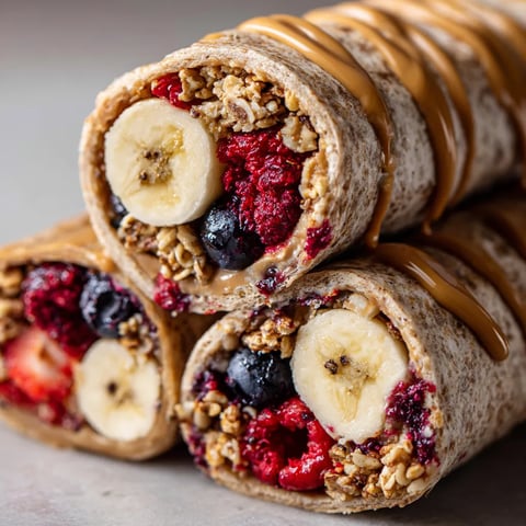 A protein granola wrap roll-up with bananas and berries.
