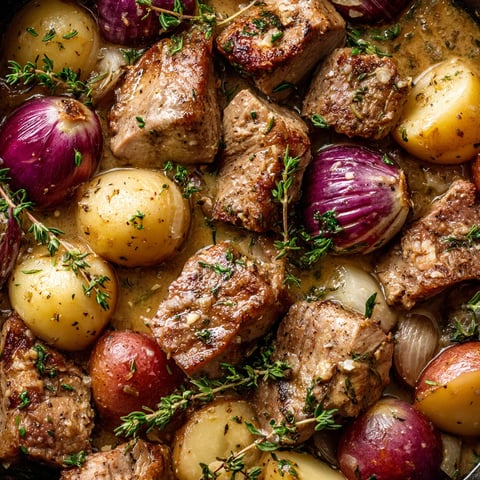 A dish of meat and vegetables, including potatoes and onions, cooked in a cider-braised sauce.