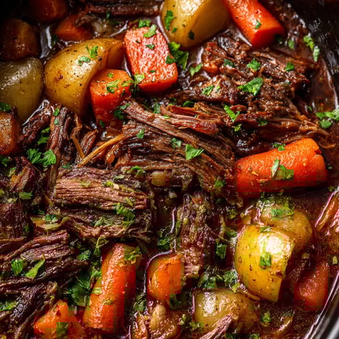 A slow cooker pot roast with red wine.