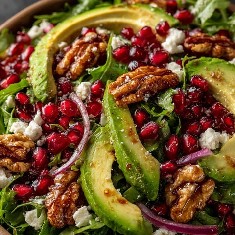 A salad with avocado, pomegranate, and a lemon vinaigrette.
