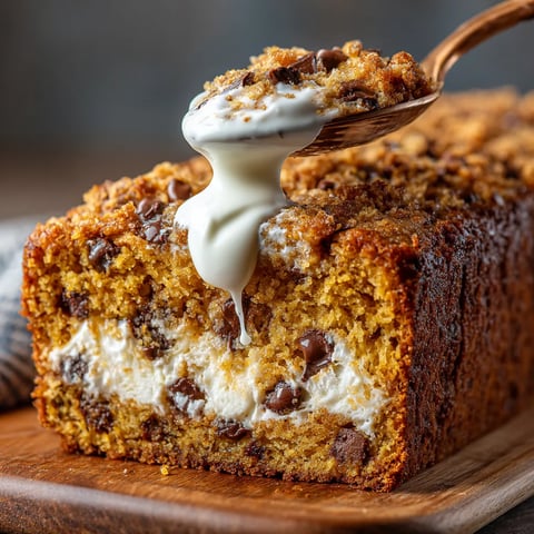 A slice of pumpkin chocolate chip ricotta loaf with white icing drizzled on top.