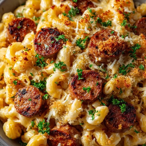 A bowl of Cajun Mac and Cheese with Andouille Sausage.