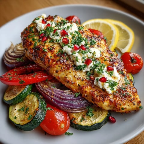 A plate of food with chicken, tomatoes, onions, and feta cheese.