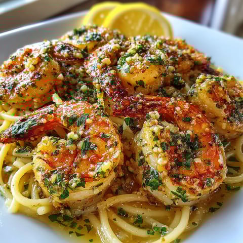 A plate of garlic butter shrimp scampi.