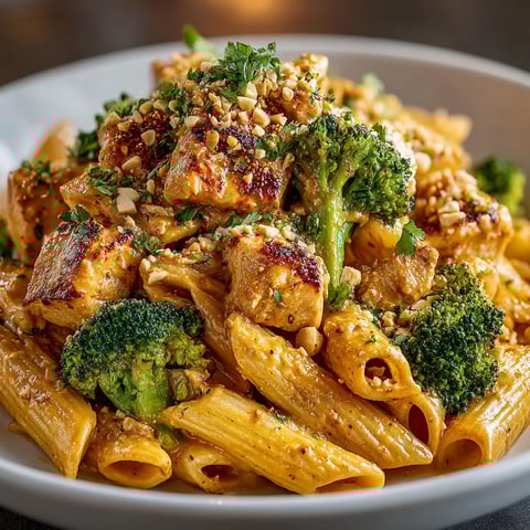 A plate of food with chicken, broccoli, and peanuts.