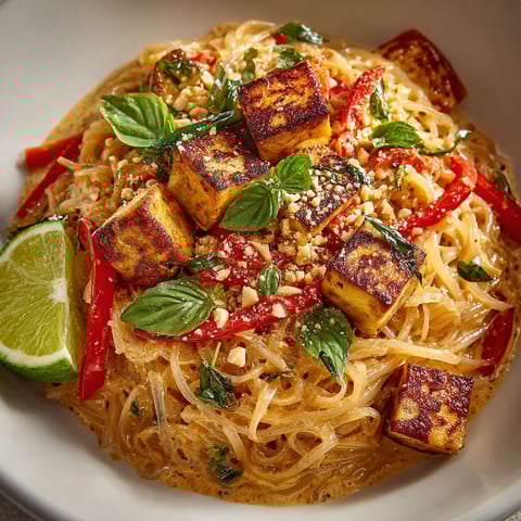 A bowl of creamy vegan thai peanut noodles.