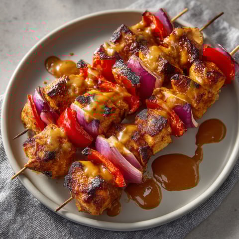 A plate of Thai Peanut Chicken Skewers (Air Fryer) with sauce drizzled over them.