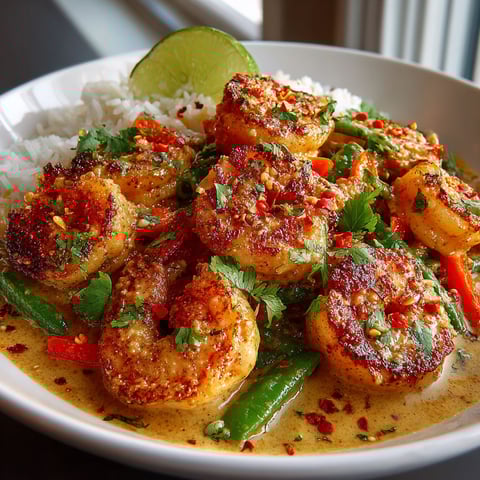 A plate of spicy Thai peanut shrimp stir-fry.
