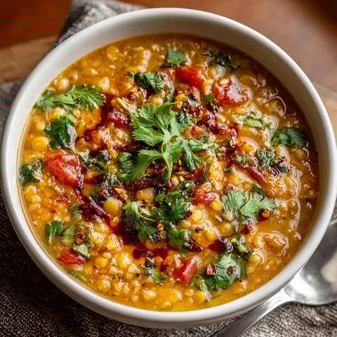 A bowl of soup with tomatoes, corn, and herbs.