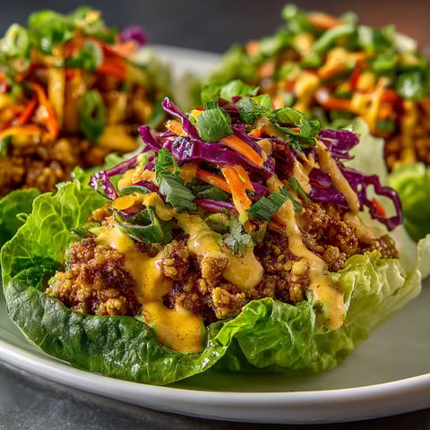 A plate of food with lettuce wraps and meat.